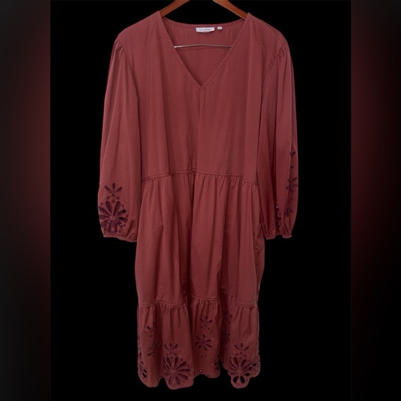 Chico’s Size 3.5 (US 18) Brown Eyelet Midi Dress Boho Pockets Flowy - Picture 3 of 9